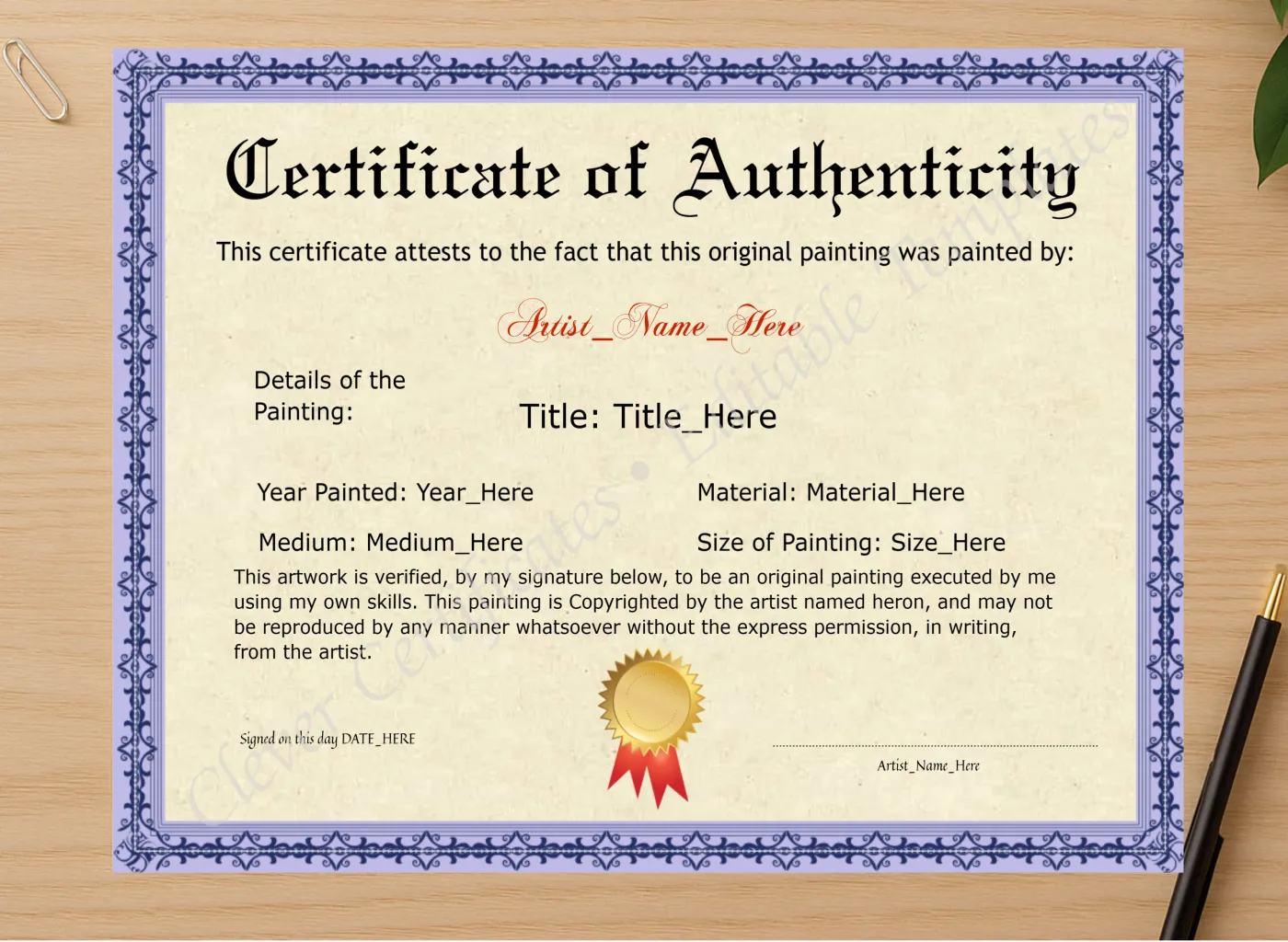 Professional preview of Editable Purple Original Painting Certificate certificate on high-quality stationery paper, ideal for showcasing the final look.