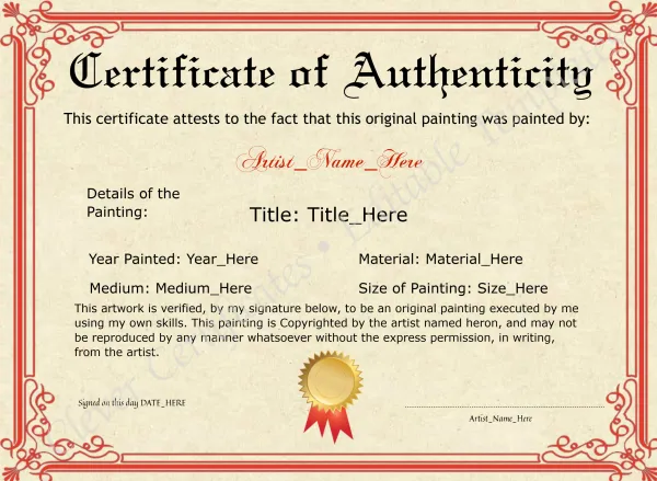 Printable Red Original Painting Certificate