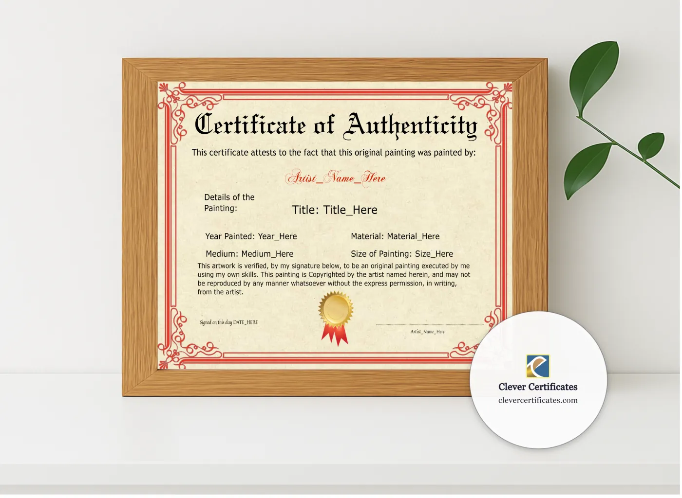 Realistic mockup featuring Printable Red Original Painting Certificate displayed within a modern frame, set against a minimalistic background.