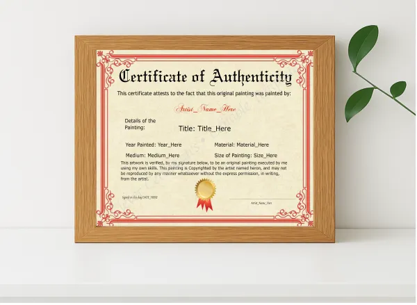 Realistic mockup featuring Printable Red Original Painting Certificate displayed within a modern frame, set against a minimalistic background.