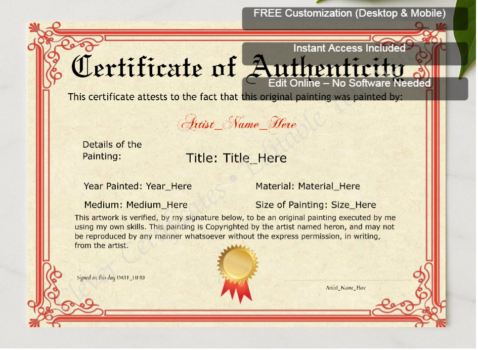 Framed preview featuring Free Editor badge stack for Printable Red Original Painting Certificate