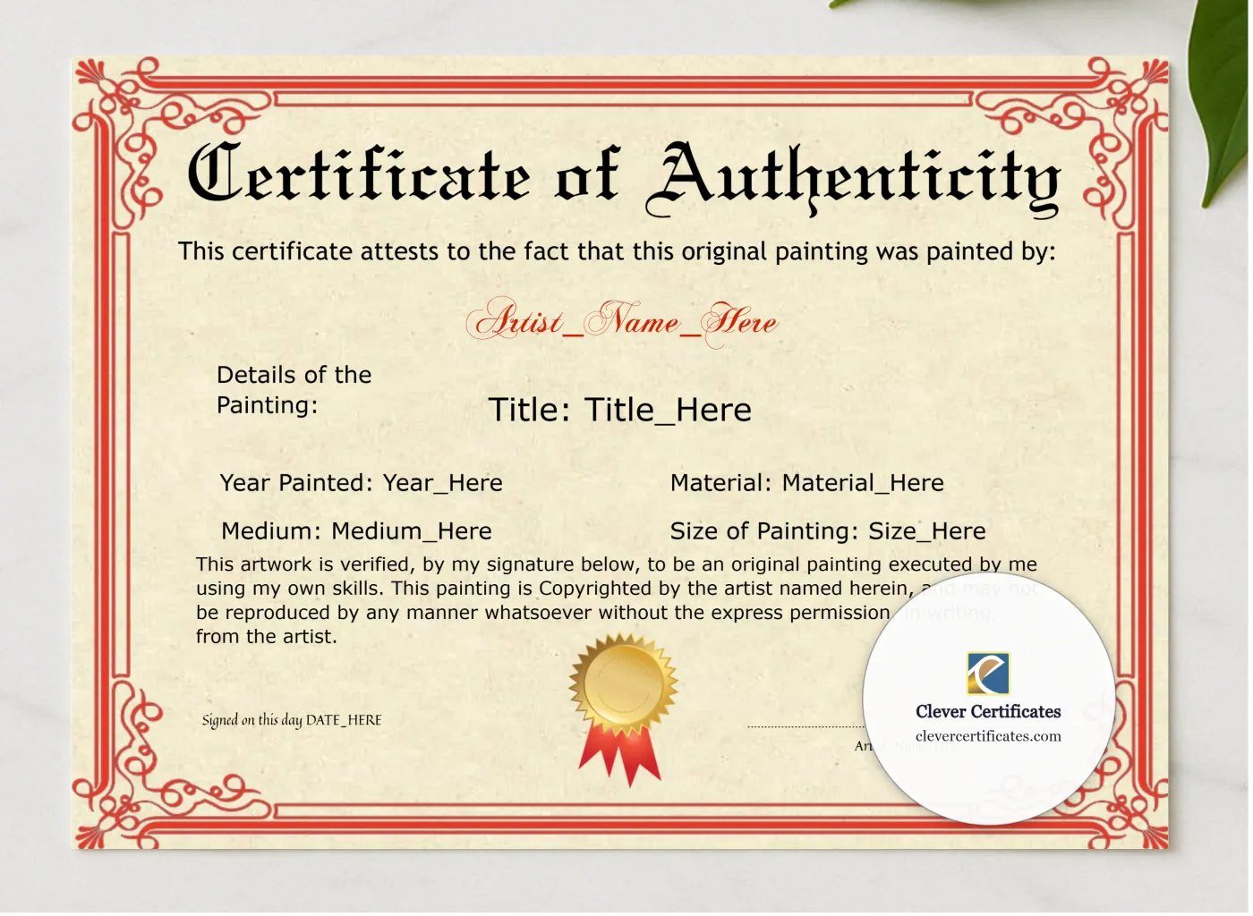 Printable Red Original Painting Certificate presented in a sleek wooden frame, elegantly arranged on a stylish table.