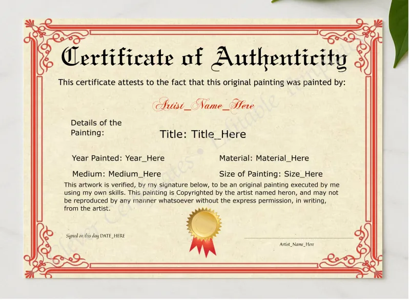 Printable Red Original Painting Certificate presented in a sleek wooden frame, elegantly arranged on a stylish table.