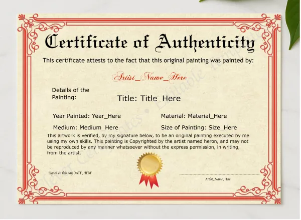 Printable Red Original Painting Certificate presented in a sleek wooden frame, elegantly arranged on a stylish table.