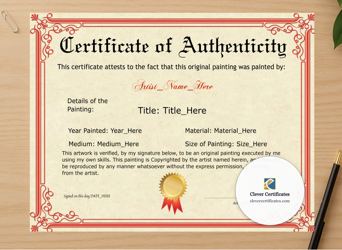 Professional preview of Printable Red Original Painting Certificate certificate on high-quality stationery paper, ideal for showcasing the final look.