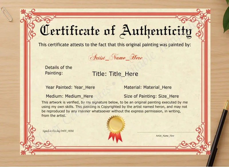 Professional preview of Printable Red Original Painting Certificate certificate on high-quality stationery paper, ideal for showcasing the final look.