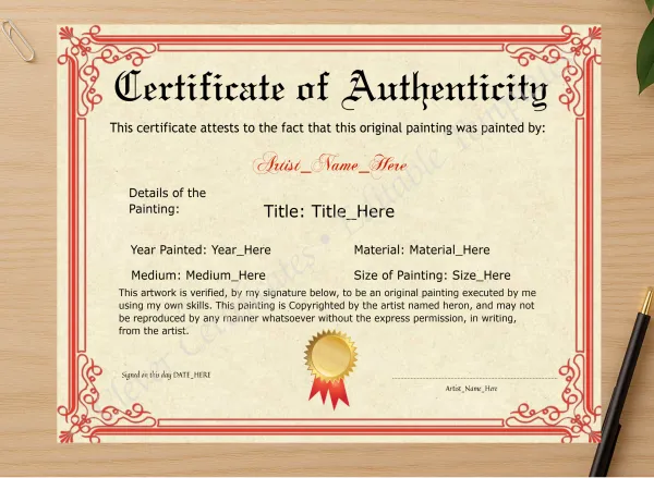 Professional preview of Printable Red Original Painting Certificate certificate on high-quality stationery paper, ideal for showcasing the final look.