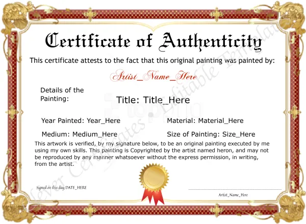 Customizeable Red And Golden Original Painting Certificate