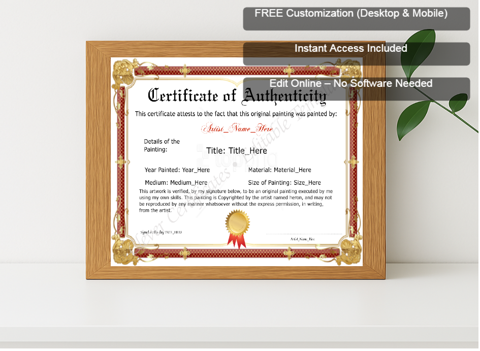 Premium mockup with Free Editor badge stack for Customizeable Red And Golden Original Painting Certificate