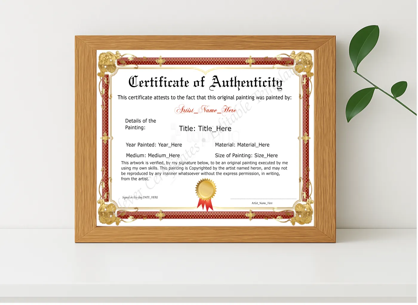 Realistic mockup featuring Customizeable Red And Golden Original Painting Certificate displayed within a modern frame, set against a minimalistic background.