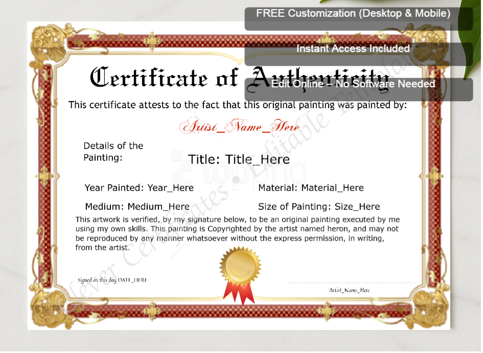 Framed preview featuring Free Editor badge stack for Customizeable Red And Golden Original Painting Certificate
