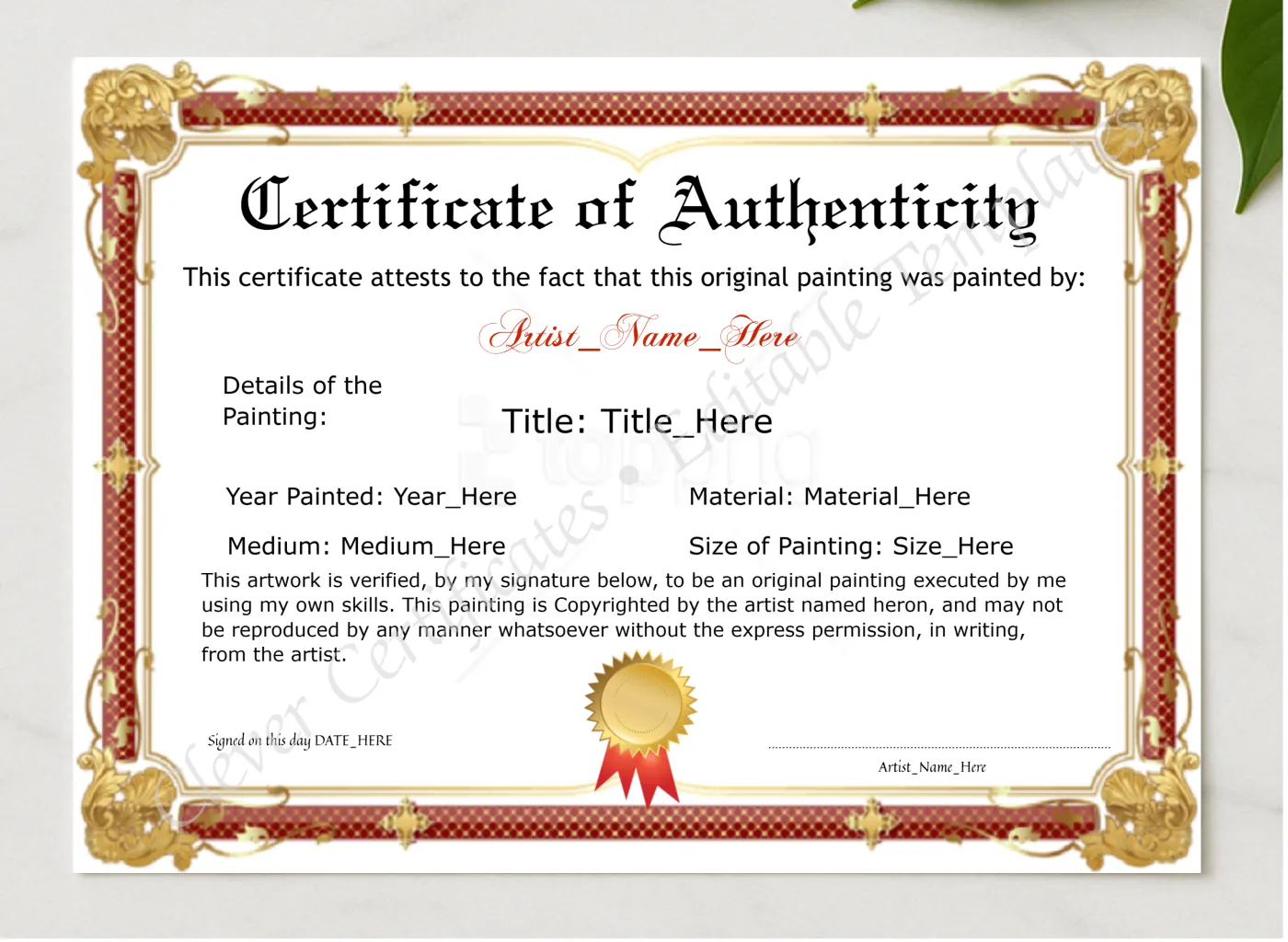 Customizeable Red And Golden Original Painting Certificate presented in a sleek wooden frame, elegantly arranged on a stylish table.