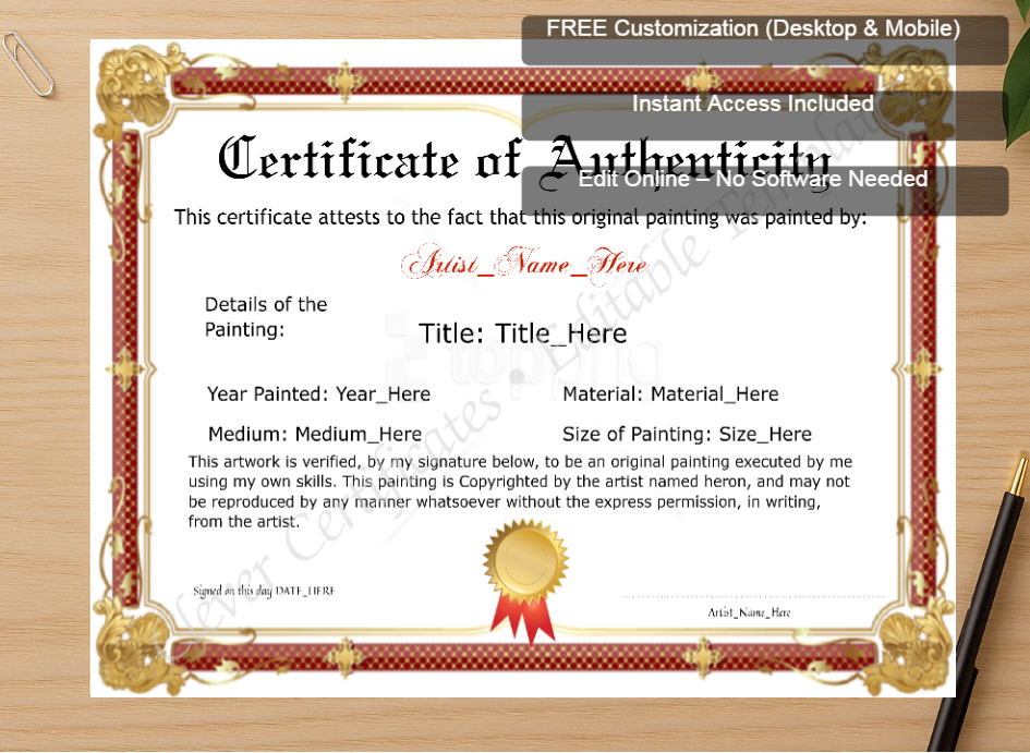 Zoomed preview with Free Editor badge stack for Customizeable Red And Golden Original Painting Certificate