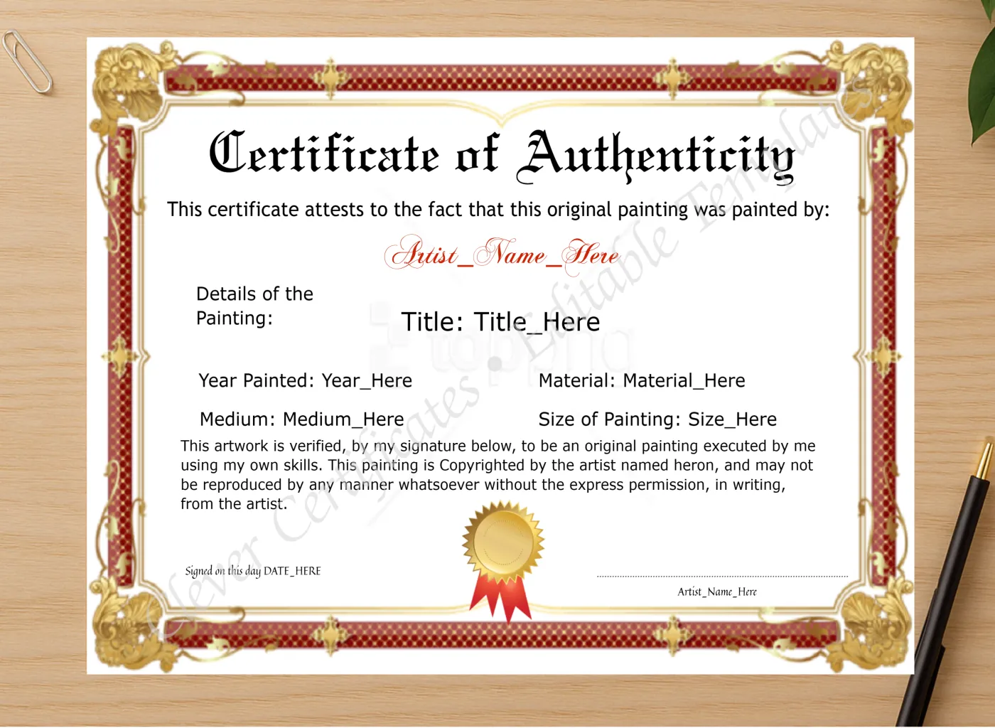 Professional preview of Customizeable Red And Golden Original Painting Certificate certificate on high-quality stationery paper, ideal for showcasing the final look.