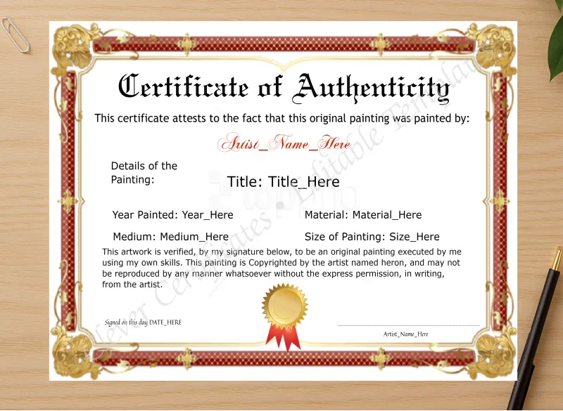 Professional preview of Customizeable Red And Golden Original Painting Certificate certificate on high-quality stationery paper, ideal for showcasing the final look.