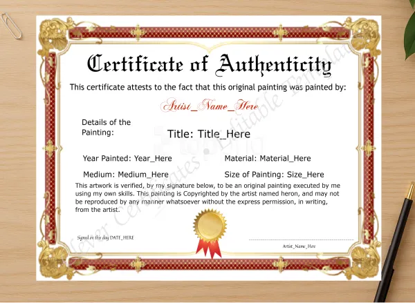 Professional preview of Customizeable Red And Golden Original Painting Certificate certificate on high-quality stationery paper, ideal for showcasing the final look.