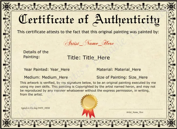 Editable Elegant Black Original Painting Certificate