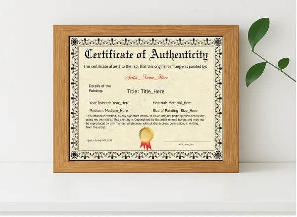 Realistic mockup featuring Editable Elegant Black Original Painting Certificate displayed within a modern frame, set against a minimalistic background.