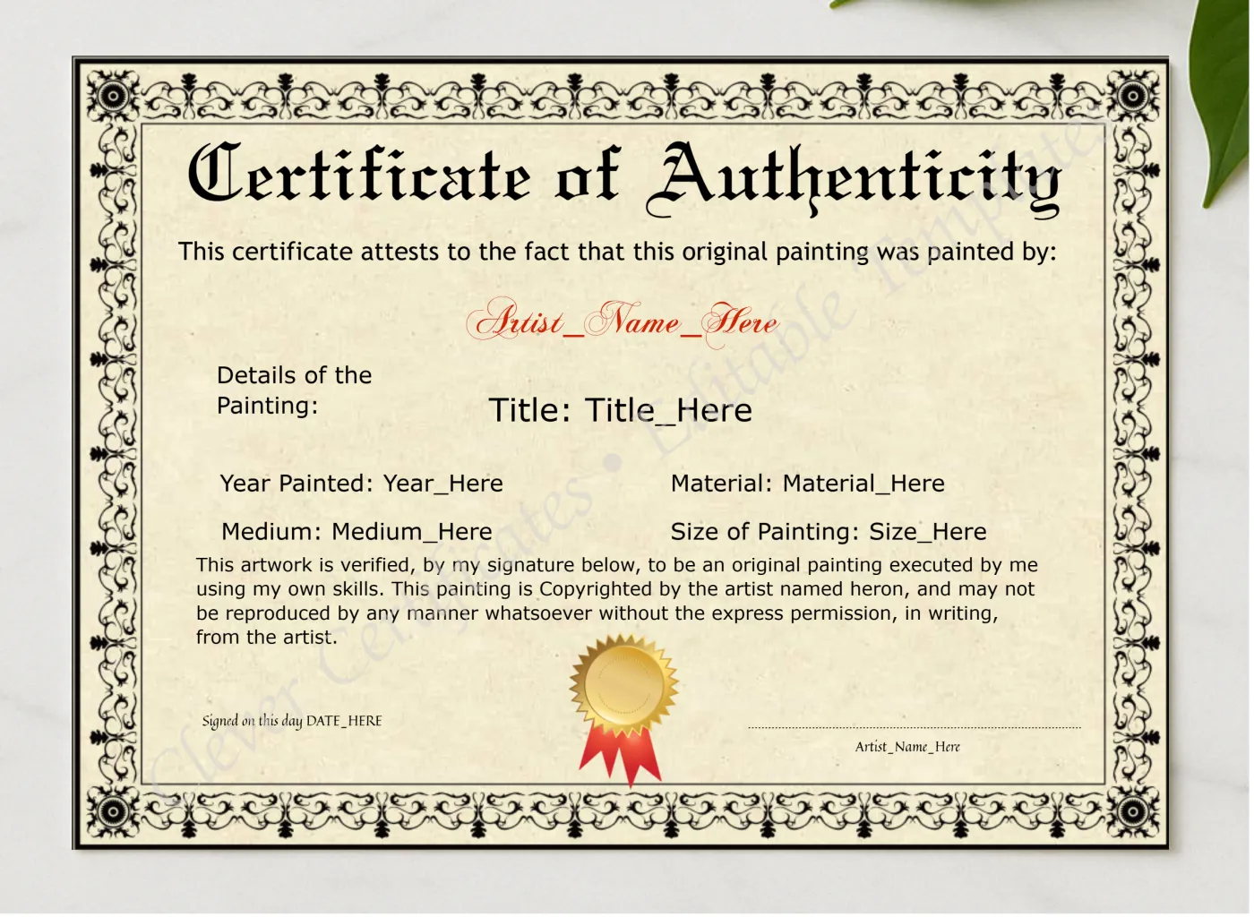 Editable Elegant Black Original Painting Certificate presented in a sleek wooden frame, elegantly arranged on a stylish table.