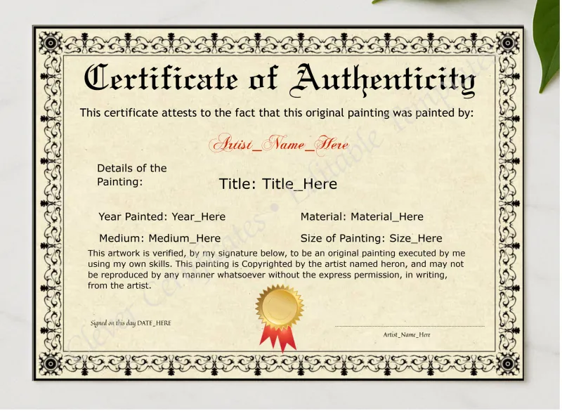 Editable Elegant Black Original Painting Certificate presented in a sleek wooden frame, elegantly arranged on a stylish table.