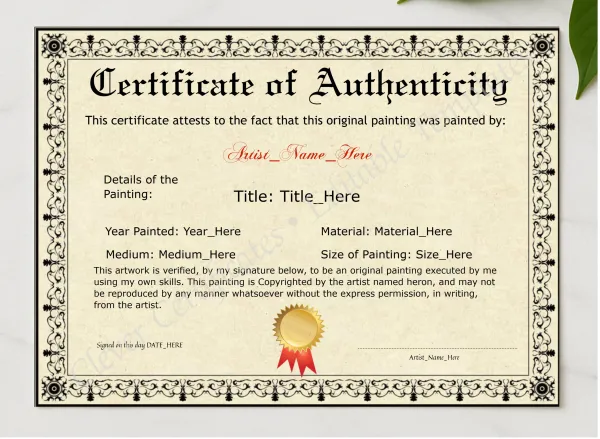 Editable Elegant Black Original Painting Certificate presented in a sleek wooden frame, elegantly arranged on a stylish table.