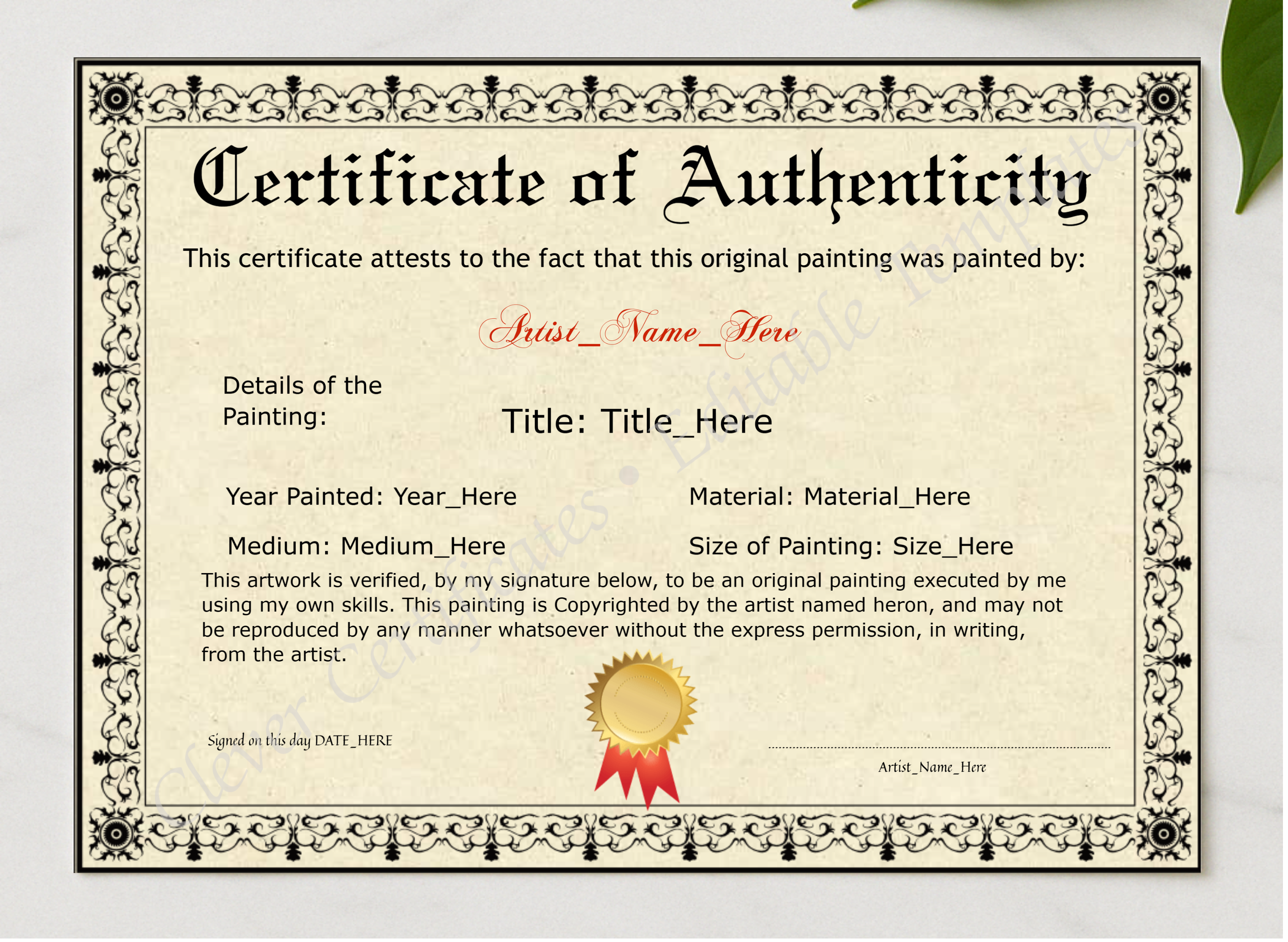 Editable Elegant Black Original Painting Certificate presented in a sleek wooden frame, elegantly arranged on a stylish table.