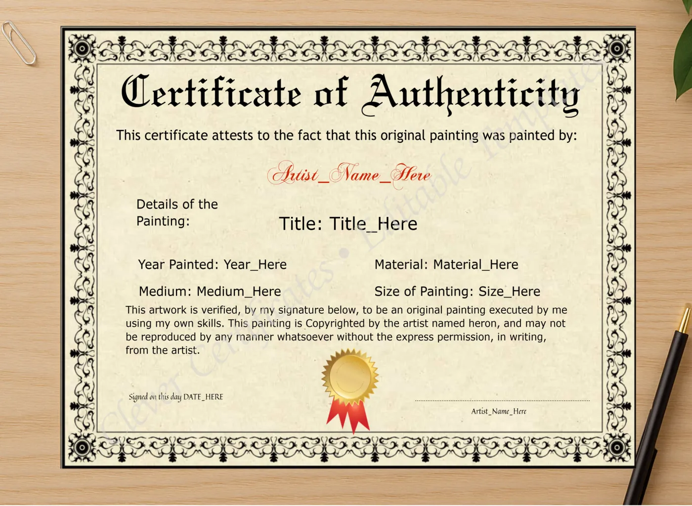 Professional preview of Editable Elegant Black Original Painting Certificate certificate on high-quality stationery paper, ideal for showcasing the final look.