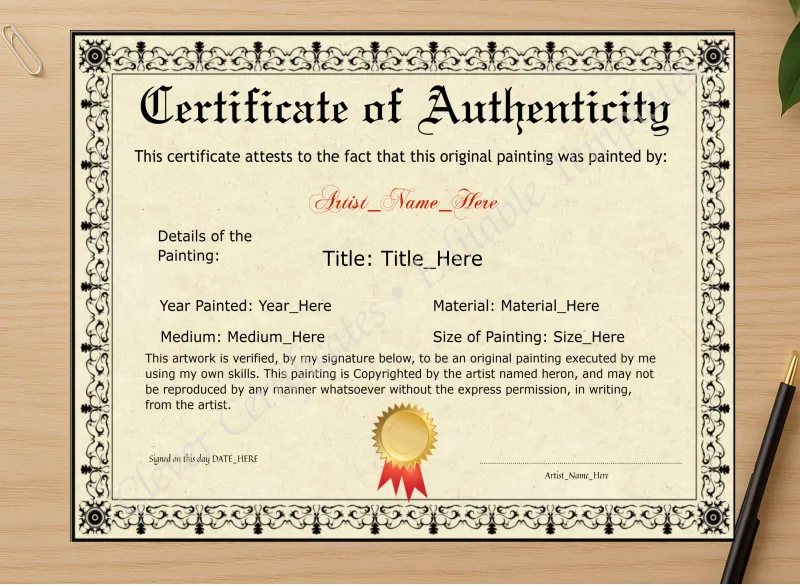 Professional preview of Editable Elegant Black Original Painting Certificate certificate on high-quality stationery paper, ideal for showcasing the final look.