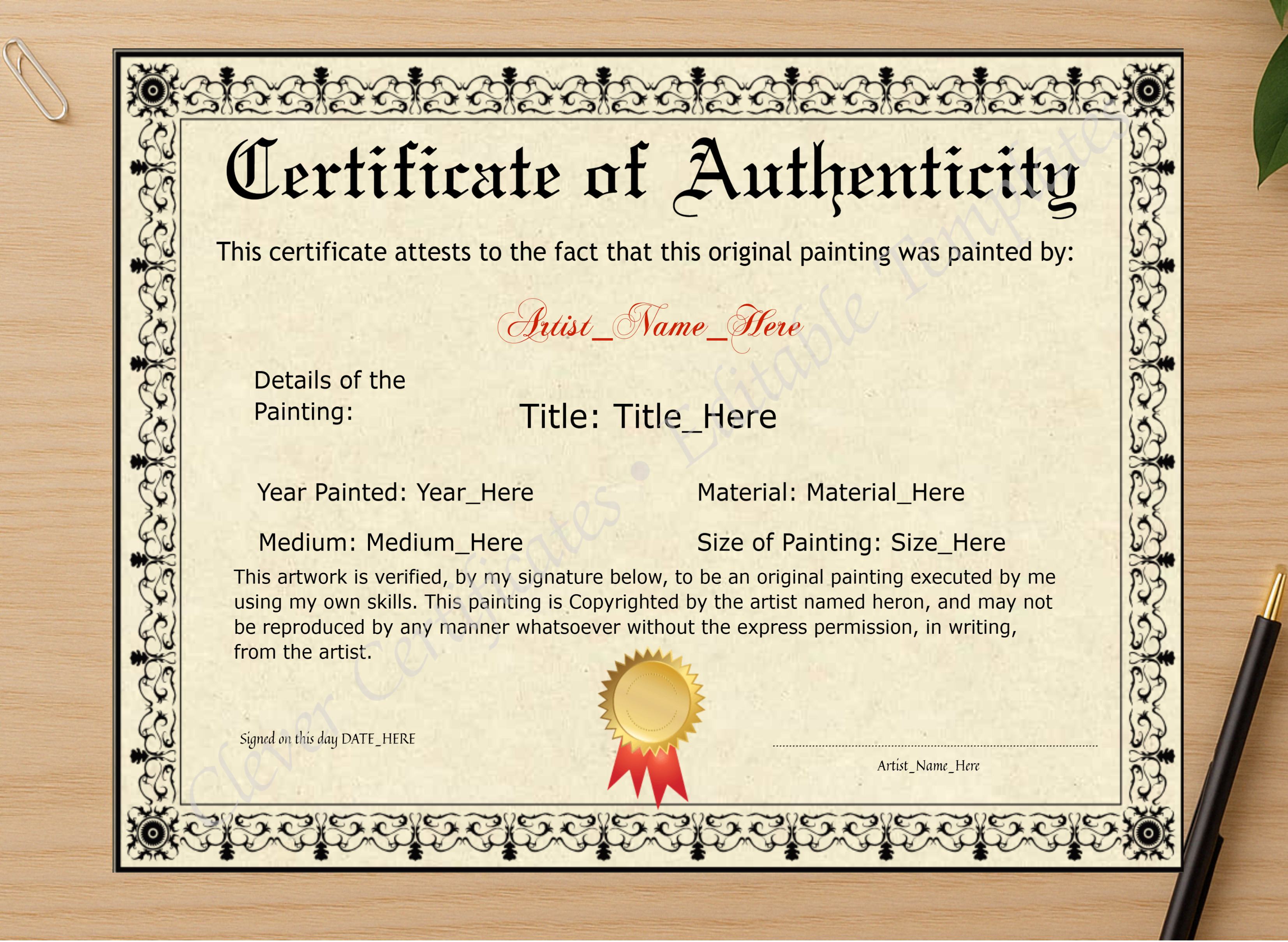 Professional preview of Editable Elegant Black Original Painting Certificate certificate on high-quality stationery paper, ideal for showcasing the final look.