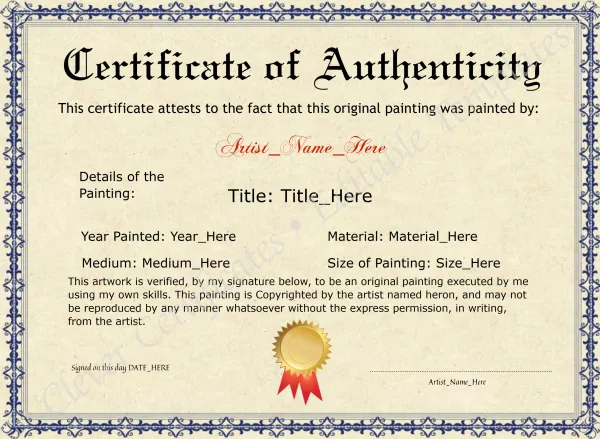 Printable Elegant Blue Certificate Of Authenticity