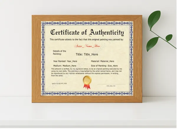 Realistic mockup featuring Printable Elegant Blue Certificate Of Authenticity displayed within a modern frame, set against a minimalistic background.