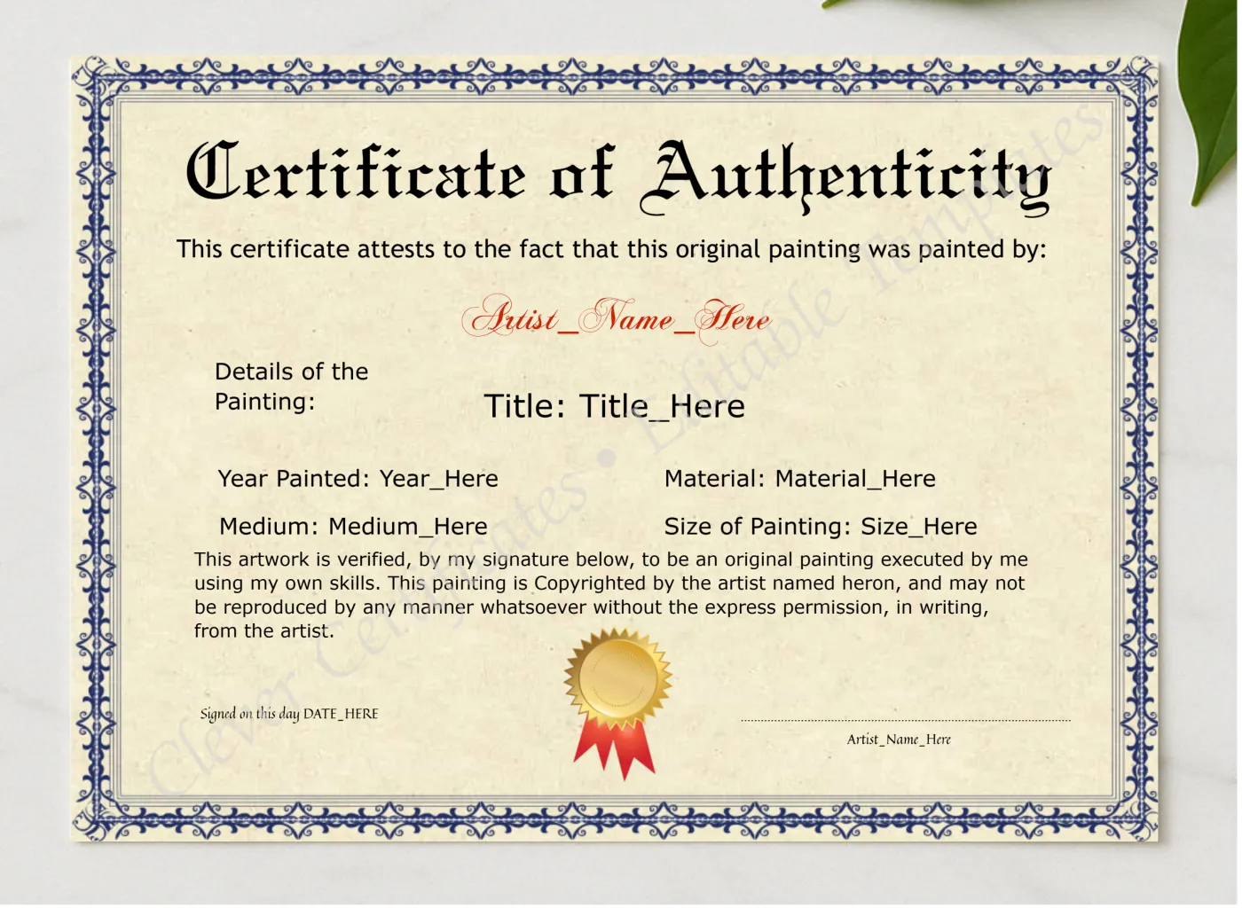 Printable Elegant Blue Certificate Of Authenticity presented in a sleek wooden frame, elegantly arranged on a stylish table.