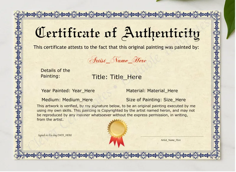 Printable Elegant Blue Certificate Of Authenticity presented in a sleek wooden frame, elegantly arranged on a stylish table.