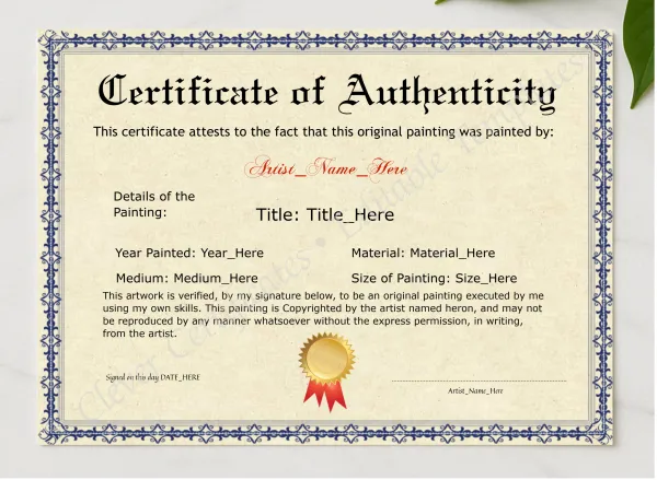 Printable Elegant Blue Certificate Of Authenticity presented in a sleek wooden frame, elegantly arranged on a stylish table.