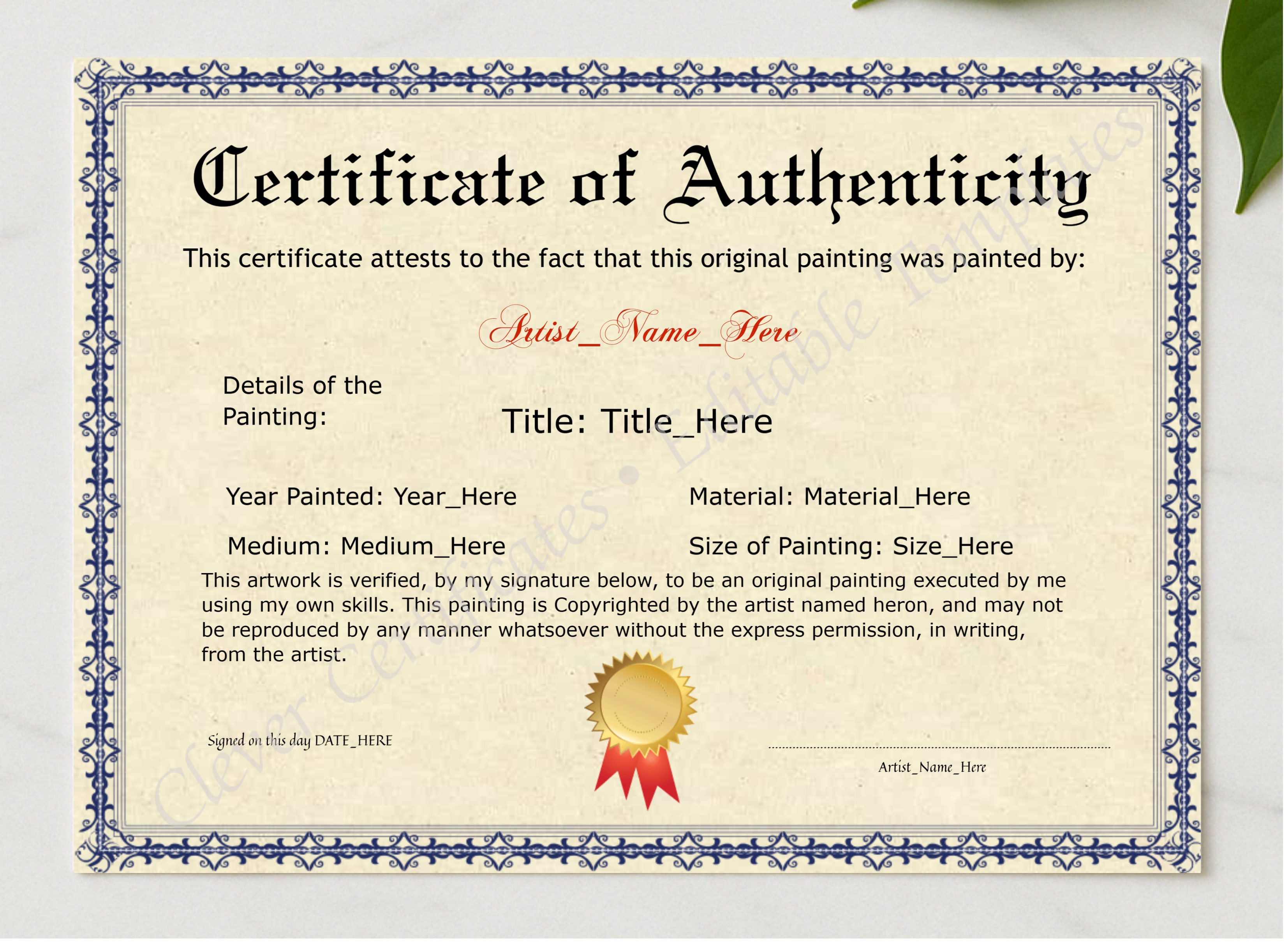 Printable Elegant Blue Certificate Of Authenticity presented in a sleek wooden frame, elegantly arranged on a stylish table.