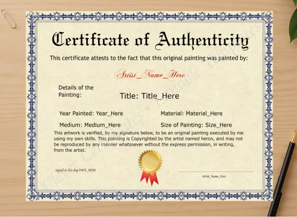 Professional preview of Printable Elegant Blue Certificate Of Authenticity certificate on high-quality stationery paper, ideal for showcasing the final look.