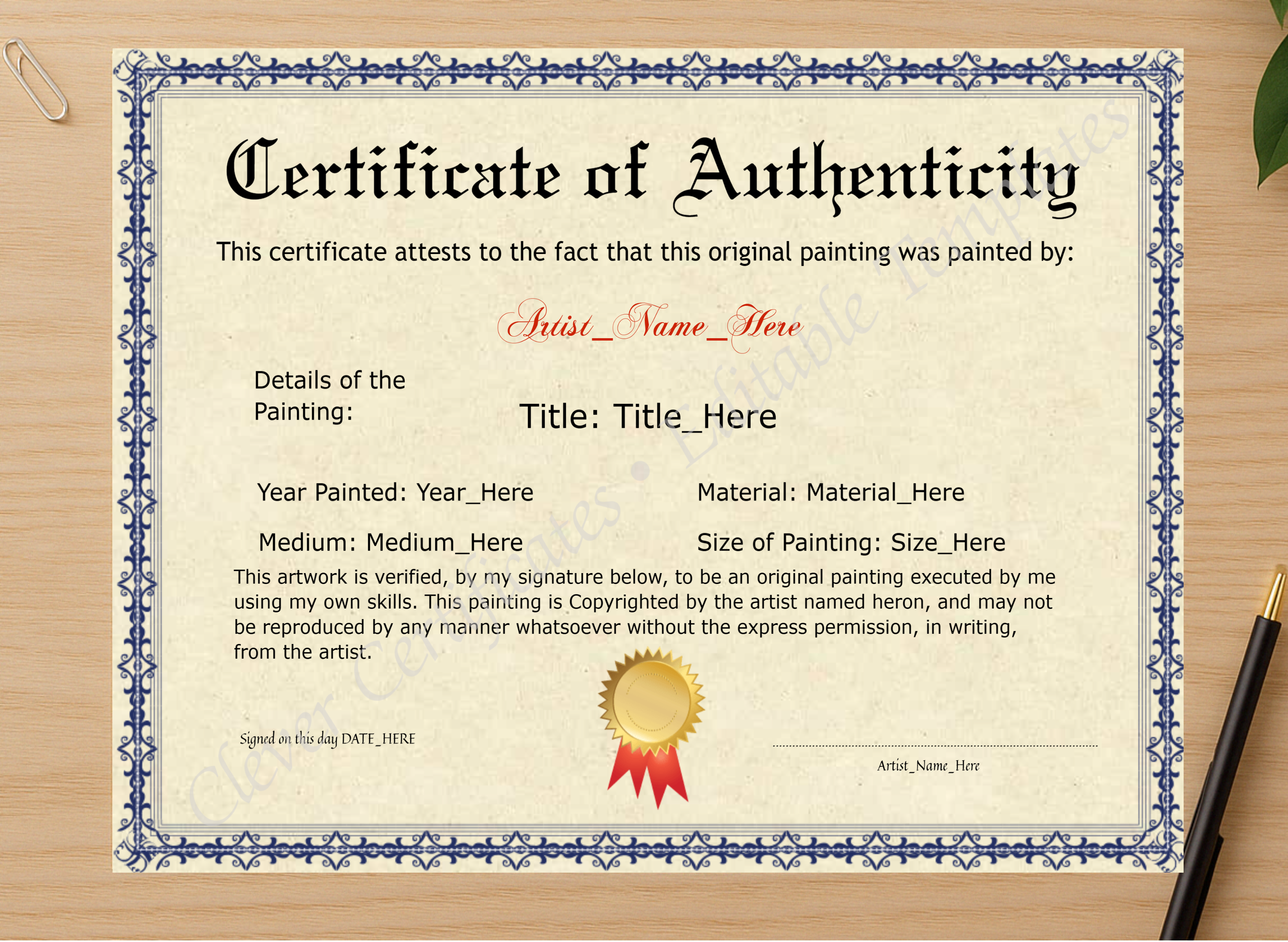 Professional preview of Printable Elegant Blue Certificate Of Authenticity certificate on high-quality stationery paper, ideal for showcasing the final look.