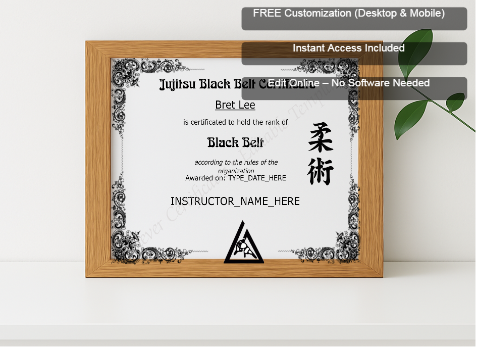 Premium mockup with Free Editor badge stack for Brazilian Jiu Jitsu Black Belt