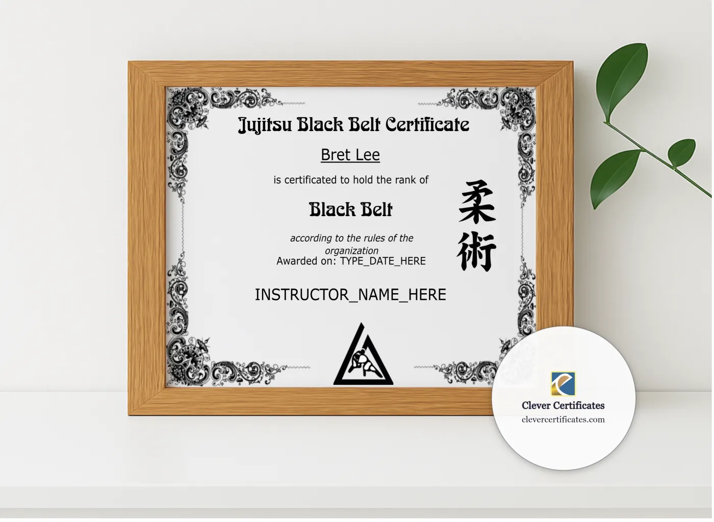 Realistic mockup featuring Brazilian Jiu Jitsu Black Belt displayed within a modern frame, set against a minimalistic background.