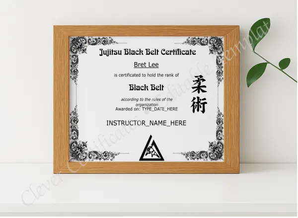 Realistic mockup featuring Brazilian Jiu Jitsu Black Belt displayed within a modern frame, set against a minimalistic background.