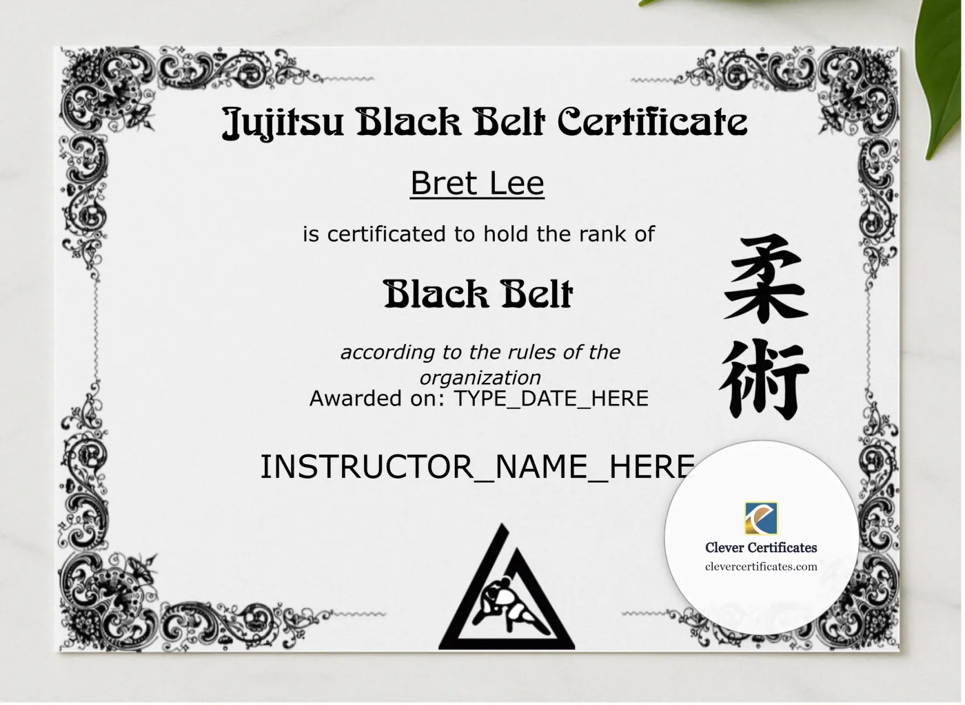 Brazilian Jiu Jitsu Black Belt presented in a sleek wooden frame, elegantly arranged on a stylish table.