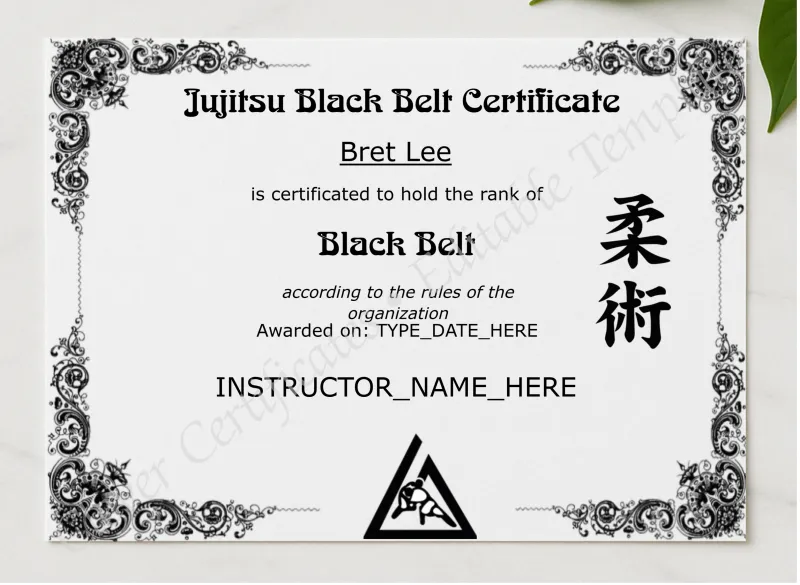 Brazilian Jiu Jitsu Black Belt presented in a sleek wooden frame, elegantly arranged on a stylish table.