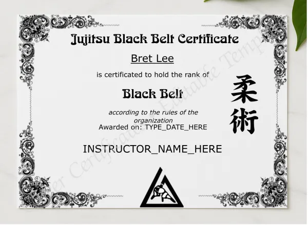 Brazilian Jiu Jitsu Black Belt presented in a sleek wooden frame, elegantly arranged on a stylish table.