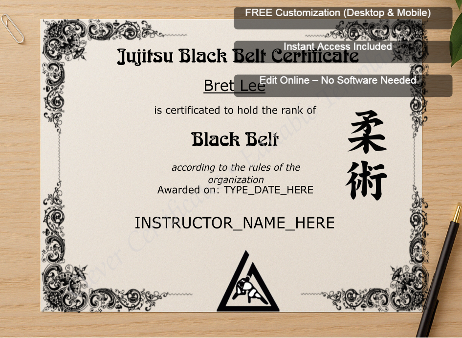 Zoomed preview with Free Editor badge stack for Brazilian Jiu Jitsu Black Belt