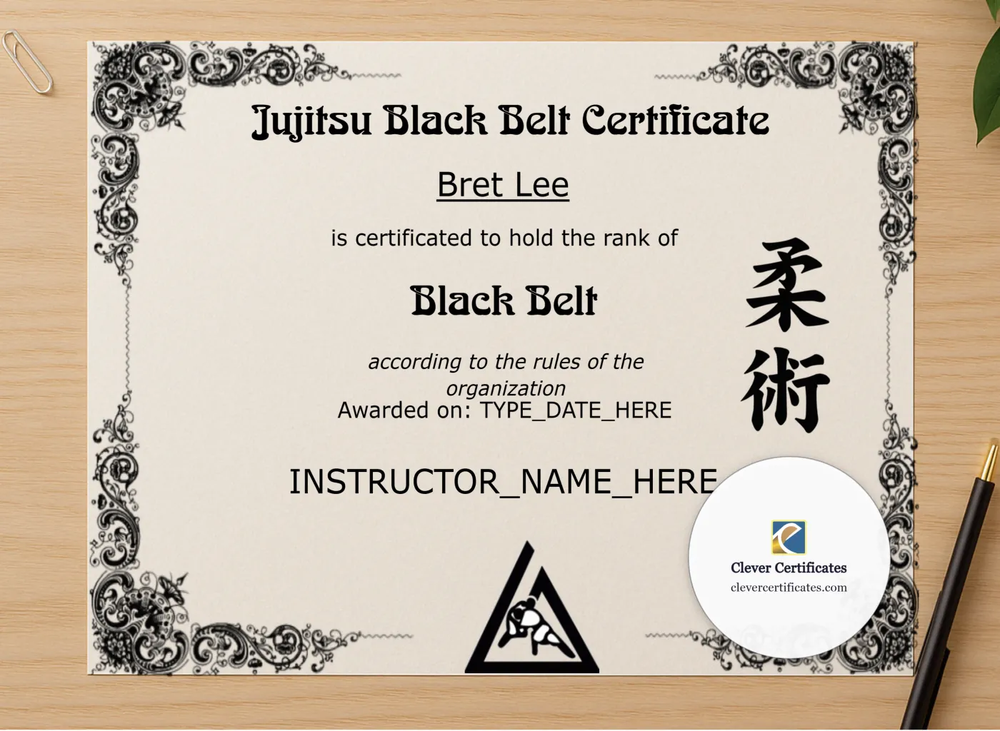 Professional preview of Brazilian Jiu Jitsu Black Belt certificate on high-quality stationery paper, ideal for showcasing the final look.