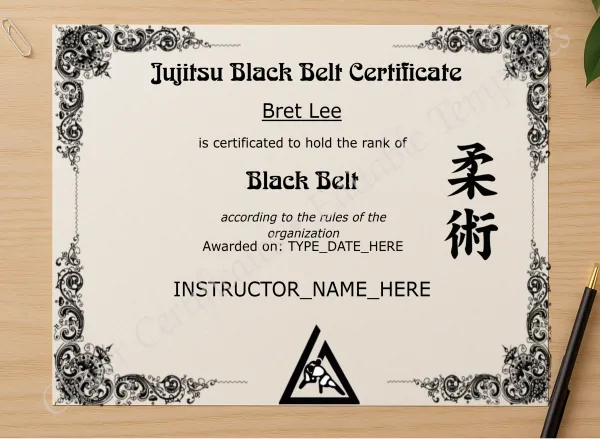 Professional preview of Brazilian Jiu Jitsu Black Belt certificate on high-quality stationery paper, ideal for showcasing the final look.