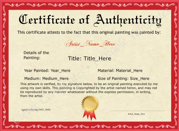 Customizeable Elegant Red Original Painting Certificate
