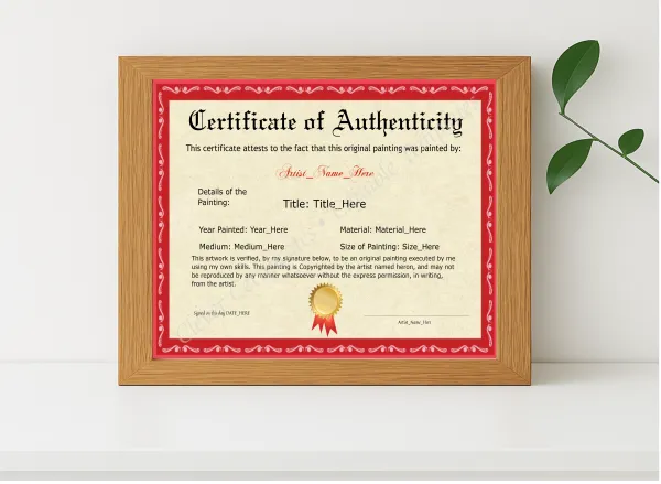 Realistic mockup featuring Customizeable Elegant Red Original Painting Certificate displayed within a modern frame, set against a minimalistic background.
