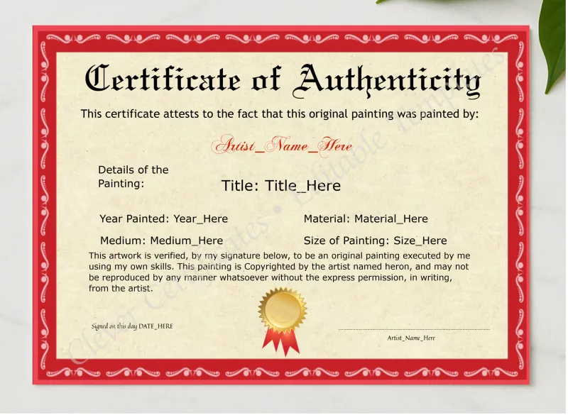 Customizeable Elegant Red Original Painting Certificate presented in a sleek wooden frame, elegantly arranged on a stylish table.