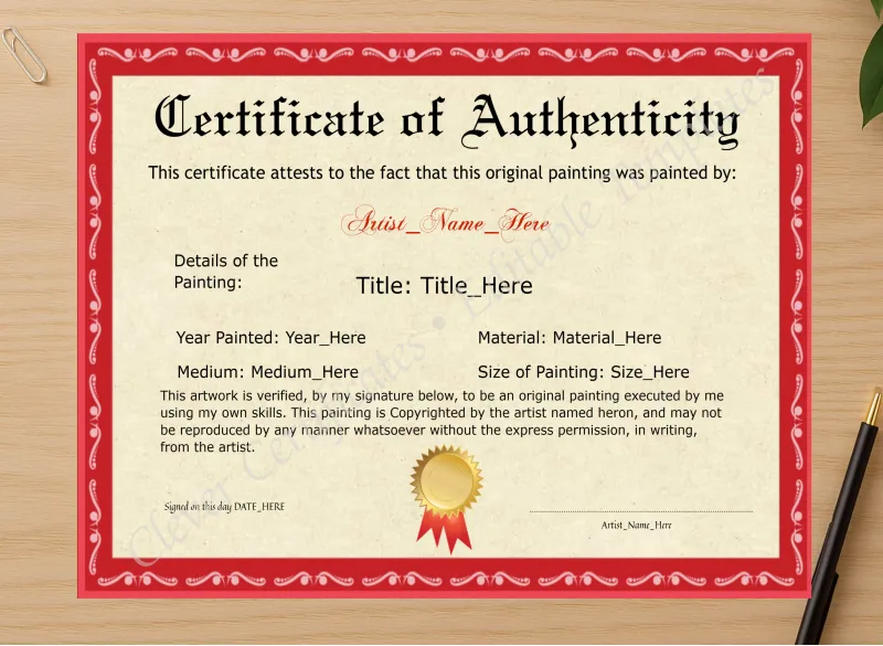 Professional preview of Customizeable Elegant Red Original Painting Certificate certificate on high-quality stationery paper, ideal for showcasing the final look.